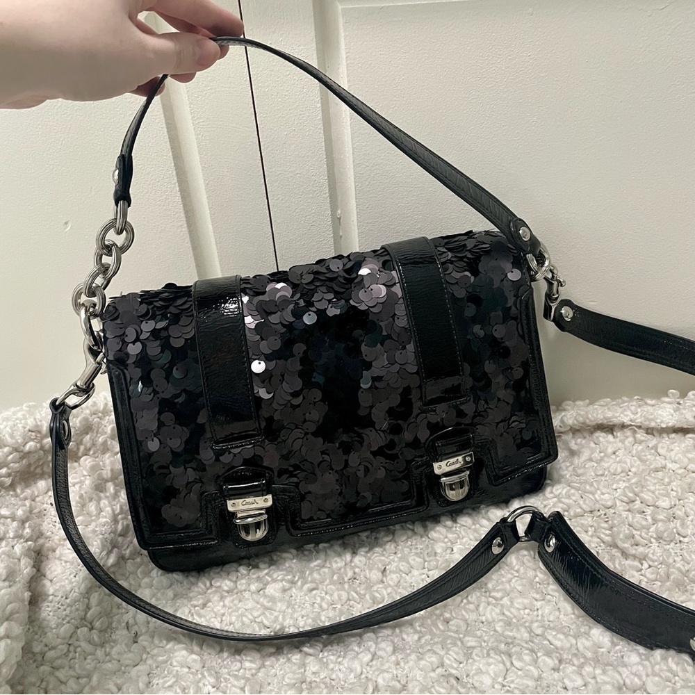 COACH Poppy Sequin Black Patent Leather Convertible Bag Purse RARE